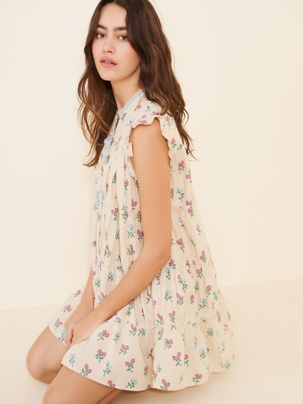 Free People Cream Floral Mini Dress with Pink Roses - Picture 2 of 5